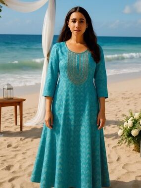 AVAASA Turquoise Kurta with Yoke Embroidery Rayon Ethnic Pakistan Indian Sz S